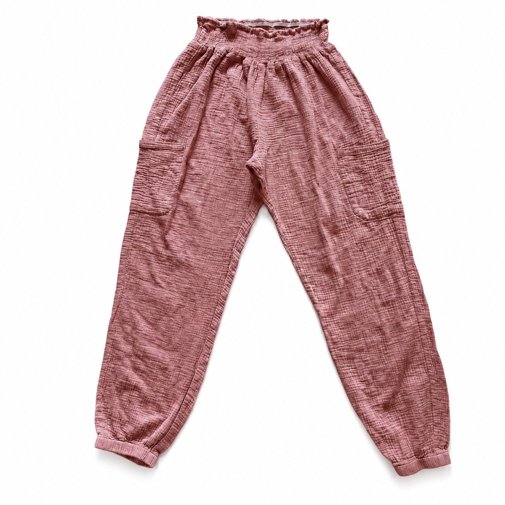 4Our Dreamers Cotton Gauze Pants Pink Paperbag Smocked Waist Textured Jogger L